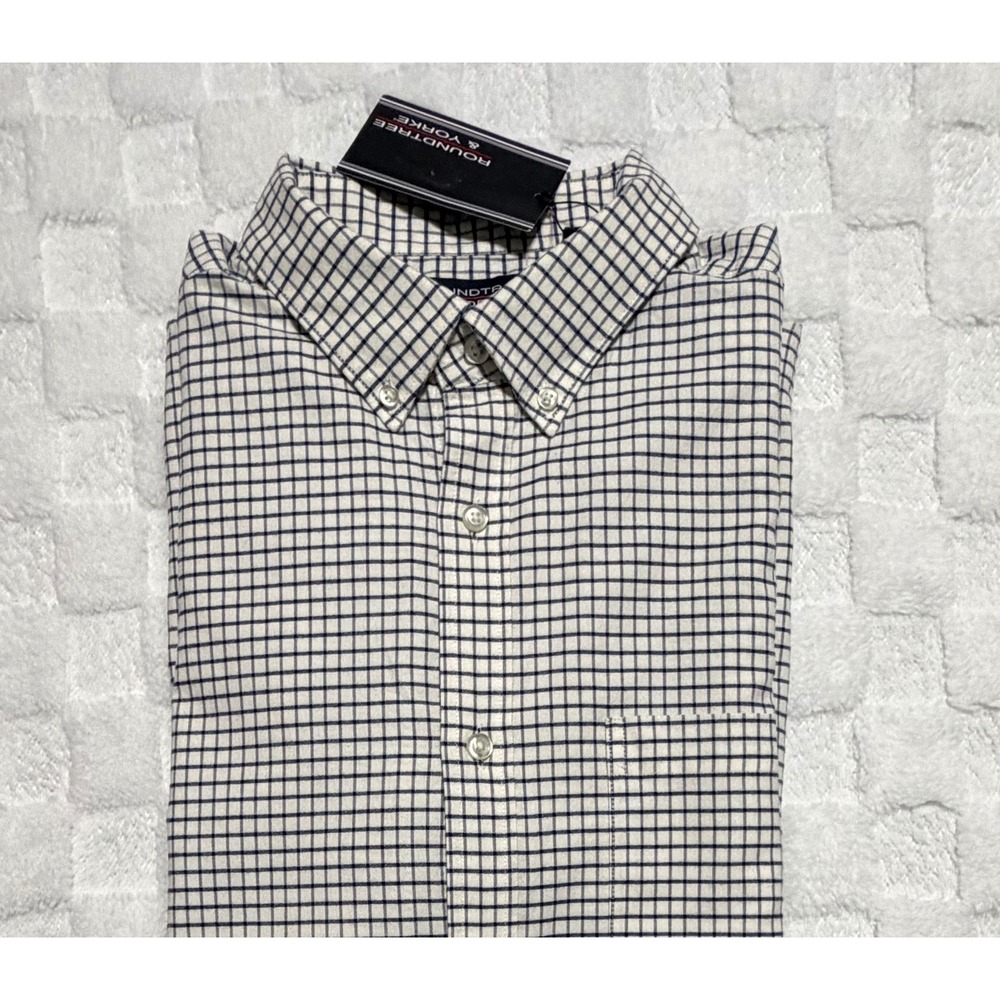 NWT-Roundtree & Yorke Mens Large White/Navy Tattersall Check Button Down Shirt